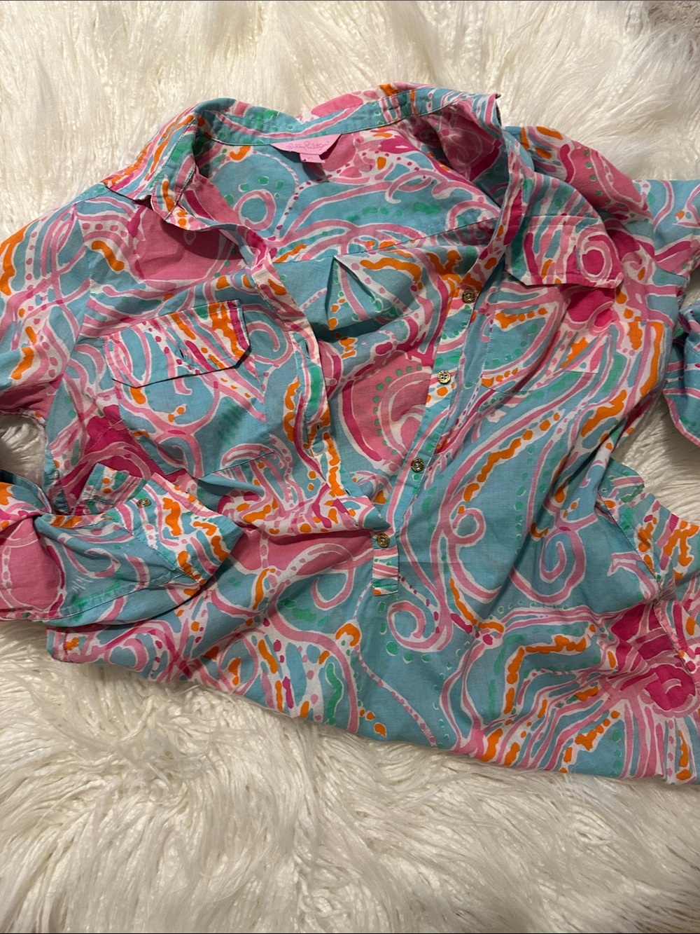 Lilly Pulitzer Pink, Teal & Orange Printed Button-Down Shirt